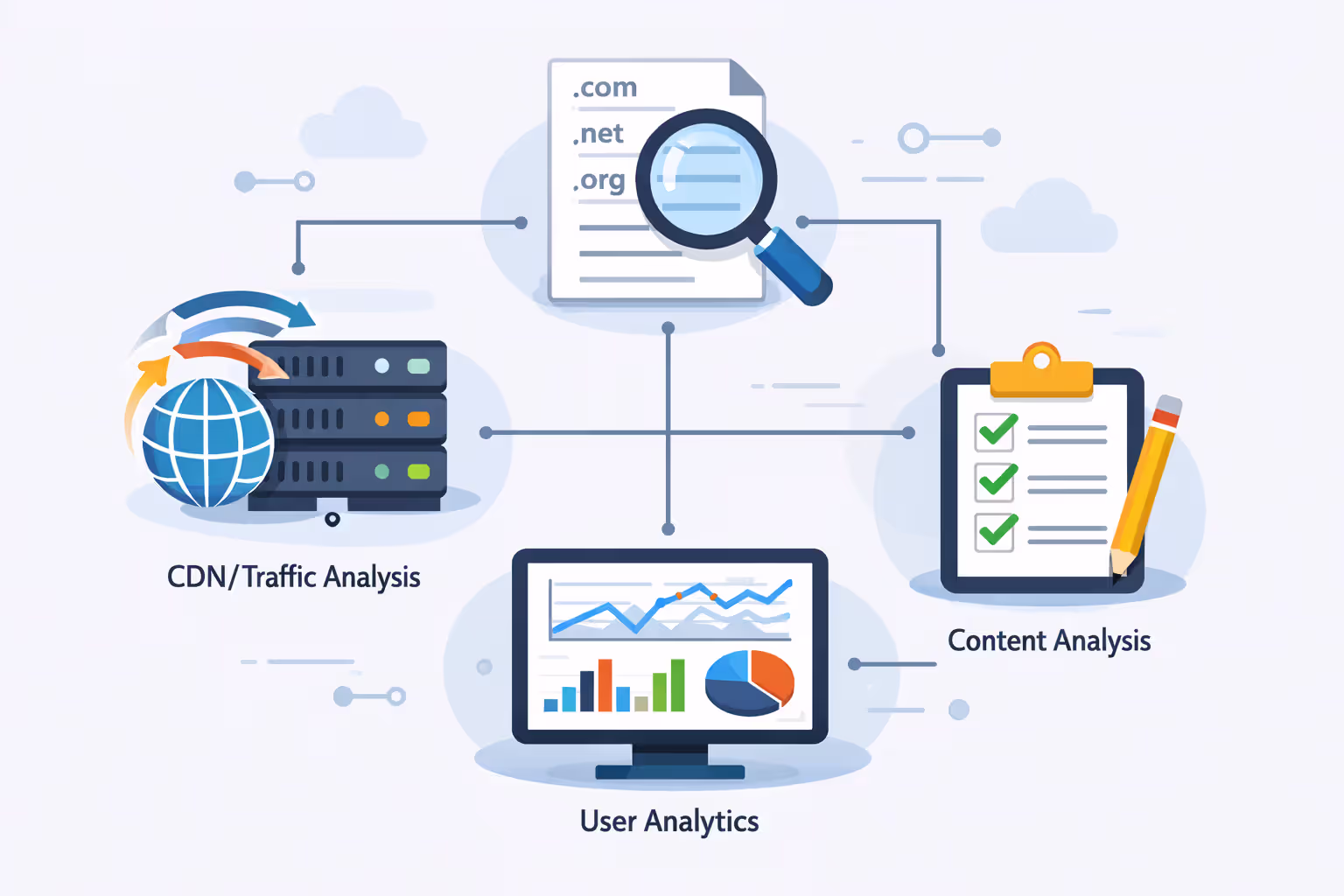 Schematic illustration of different internet research methodologies including traffic analysis server, domain analysis with magnifying glass, user panel monitoring, and manual content review