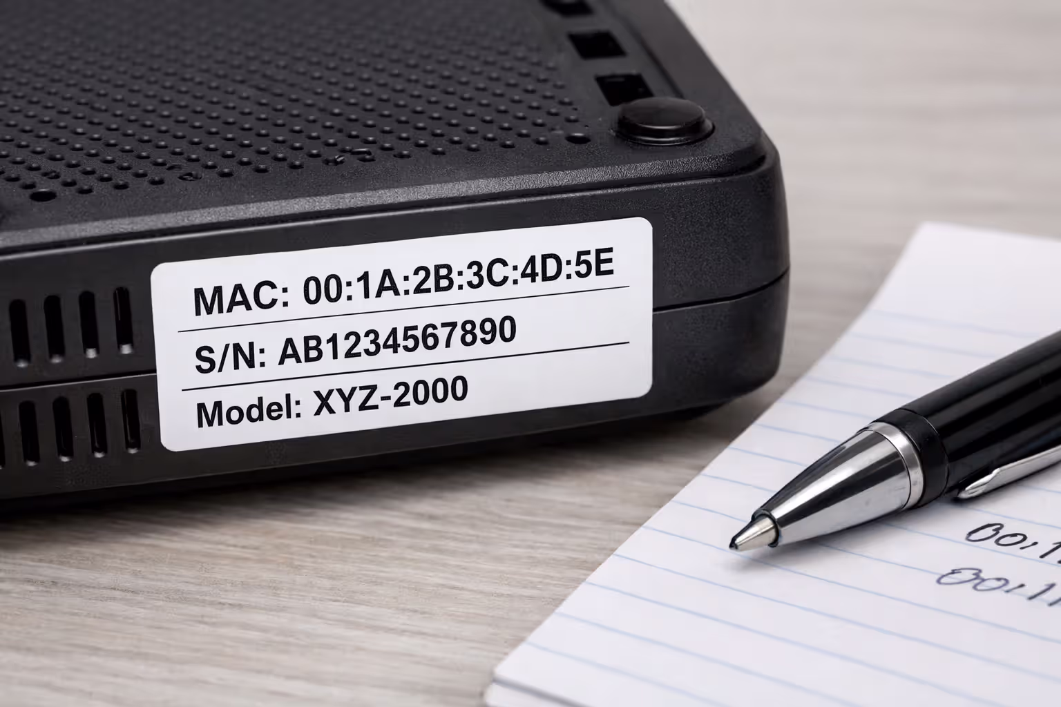 Close-up of the bottom label on a cable modem showing MAC address, serial number, and model number with a pen and paper nearby