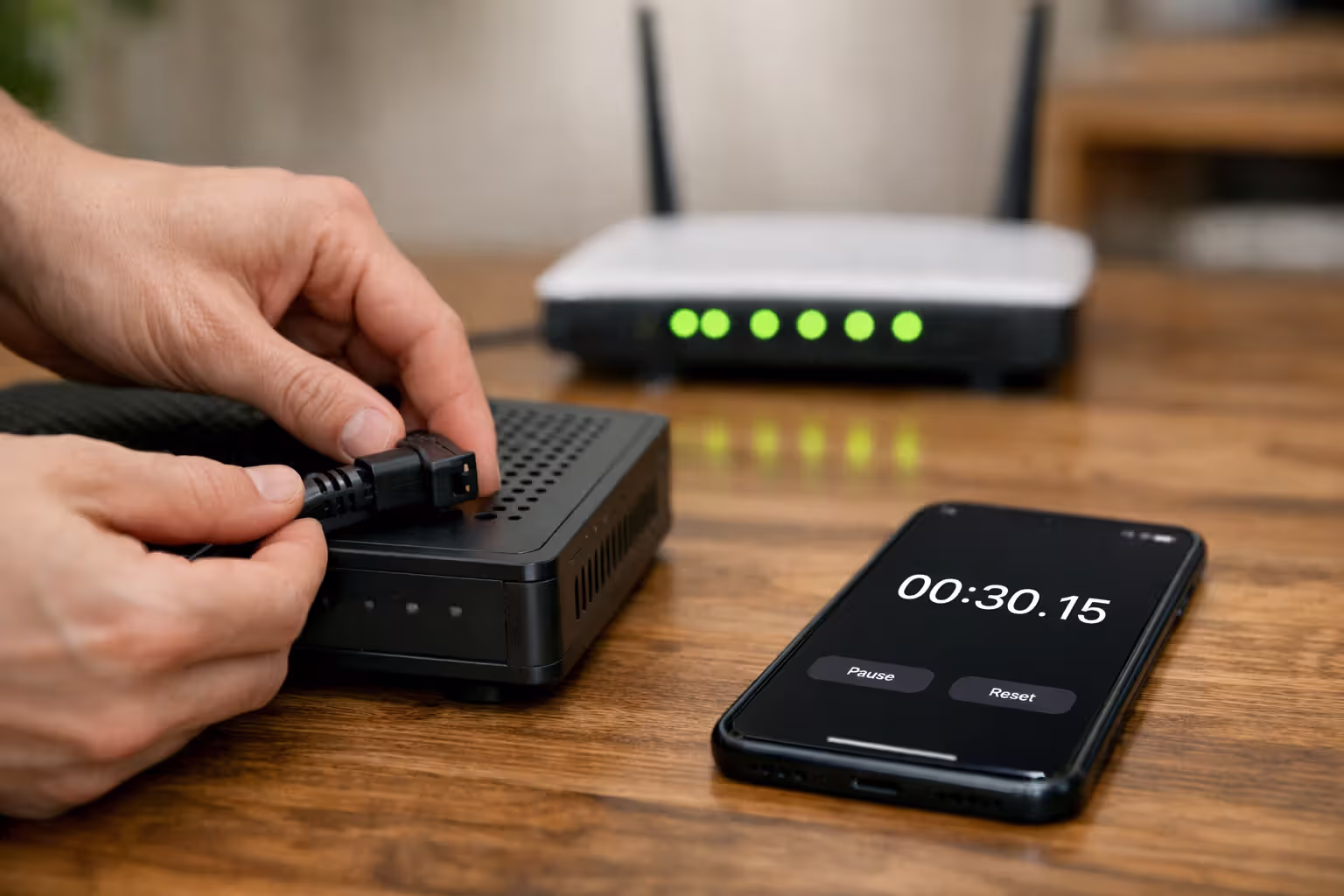 Hands unplugging a modem power cable with LED lights off while a router glows in the background and a phone timer shows 30 seconds
