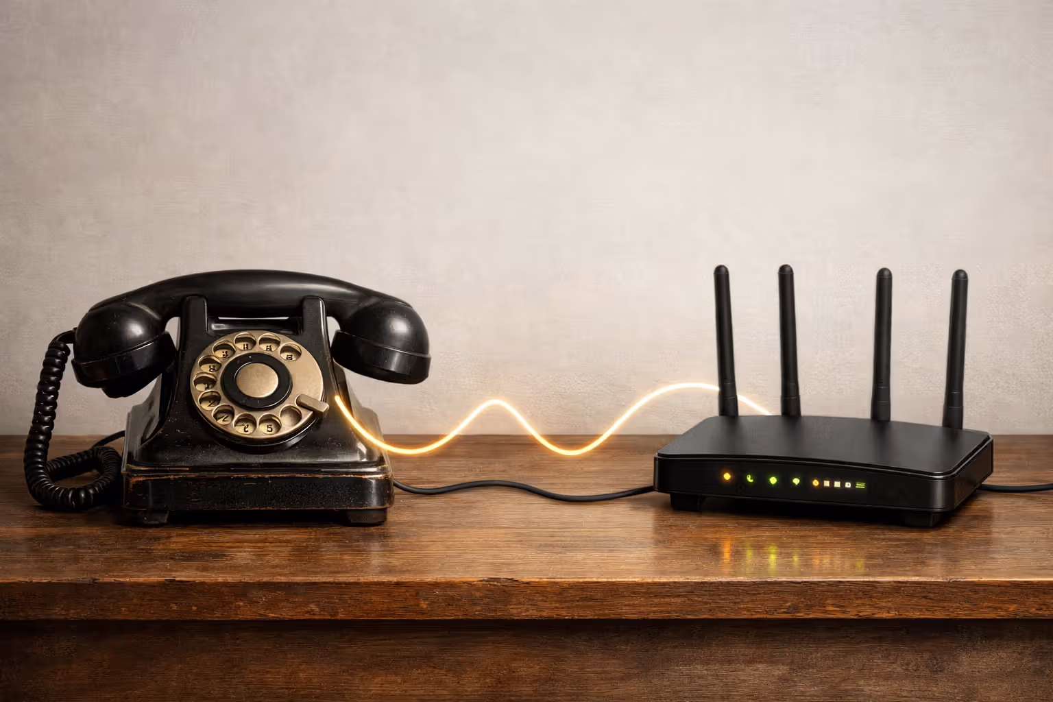 Vintage rotary telephone next to a modern Wi-Fi router connected by a symbolic line, illustrating the regulatory evolution from telephony to broadband