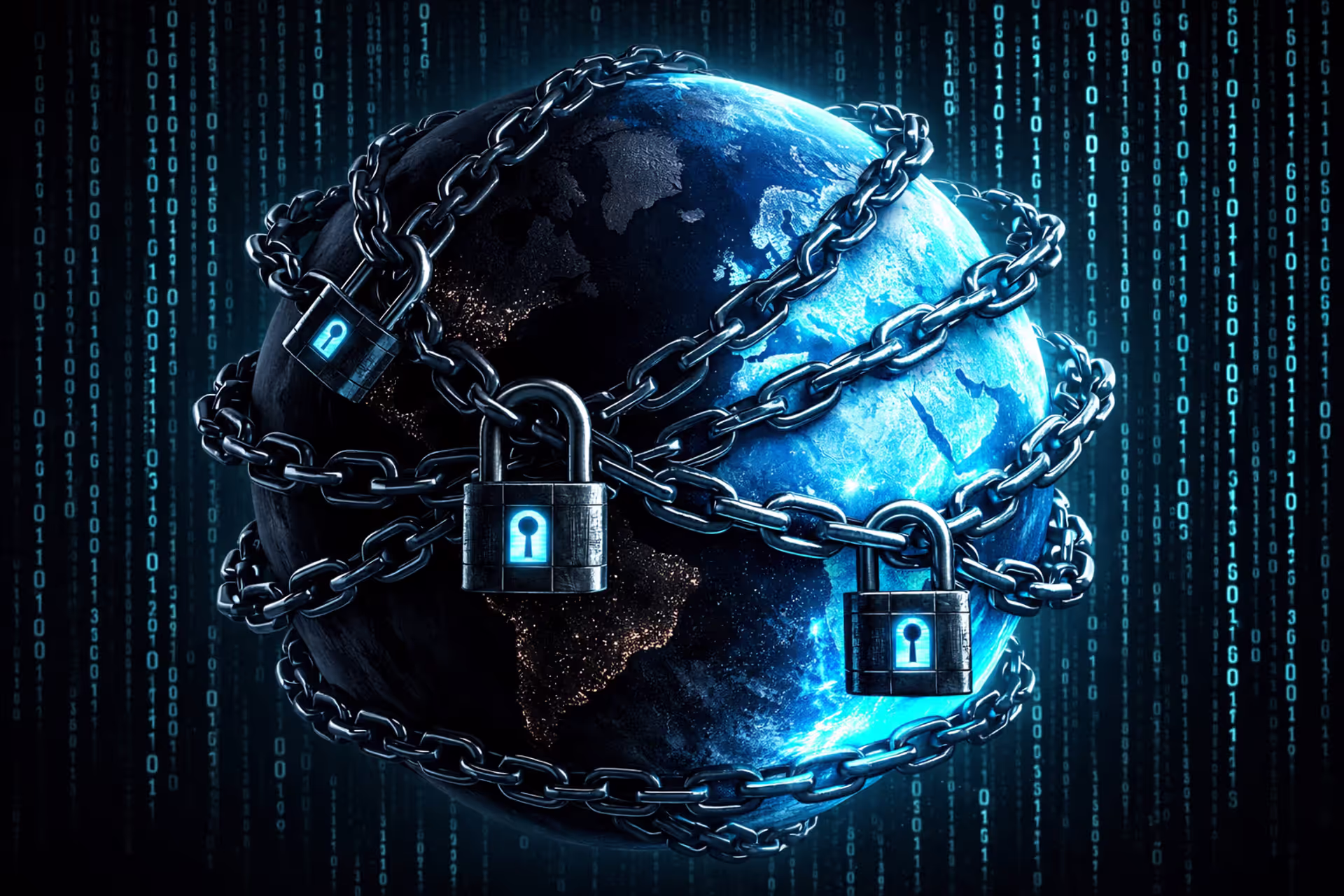 Digital globe wrapped in chains and padlocks with binary code streams, dark regions representing censored internet zones and bright blue areas showing free access