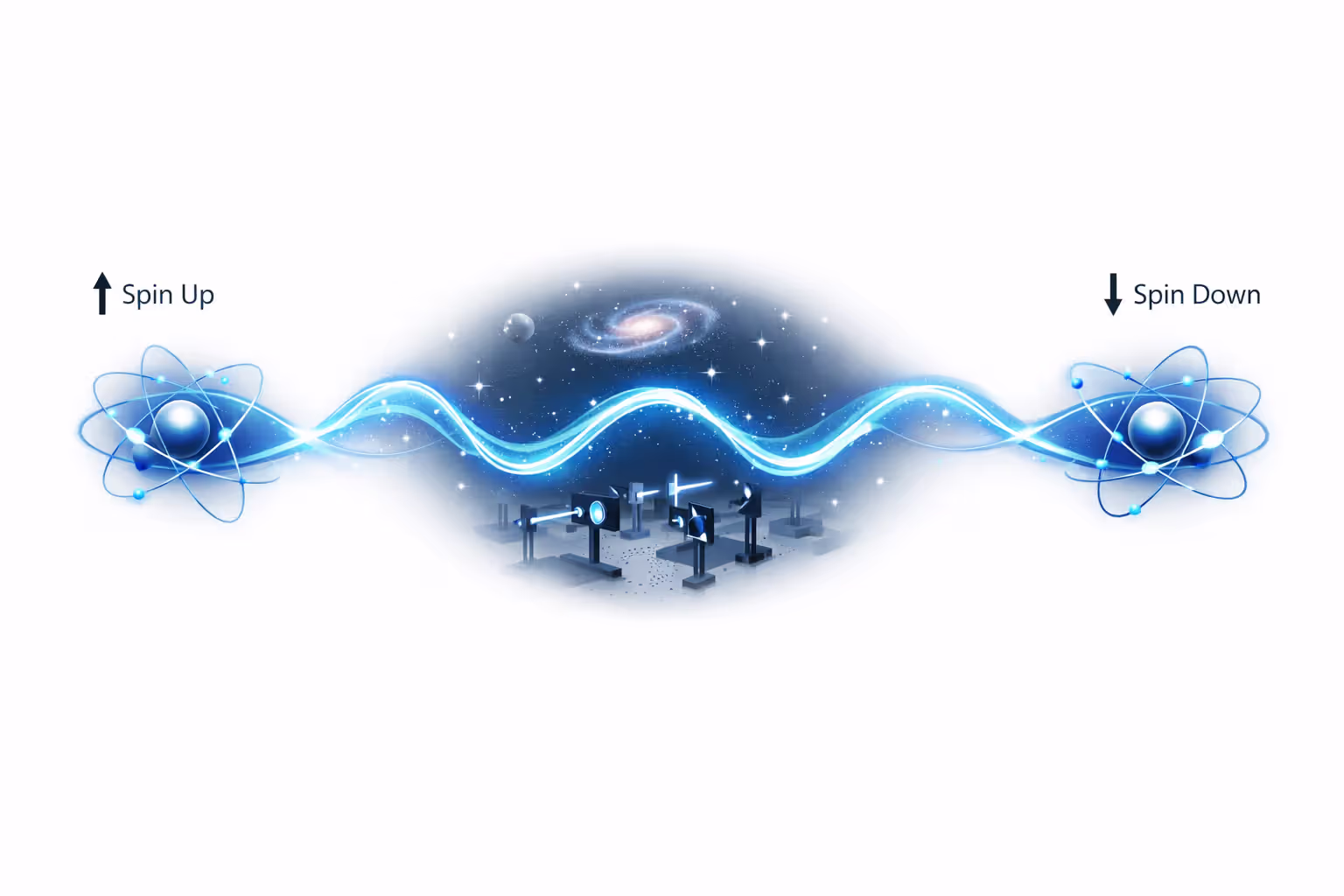 Scientific illustration showing quantum entanglement between two particles with opposite spins connected across distance