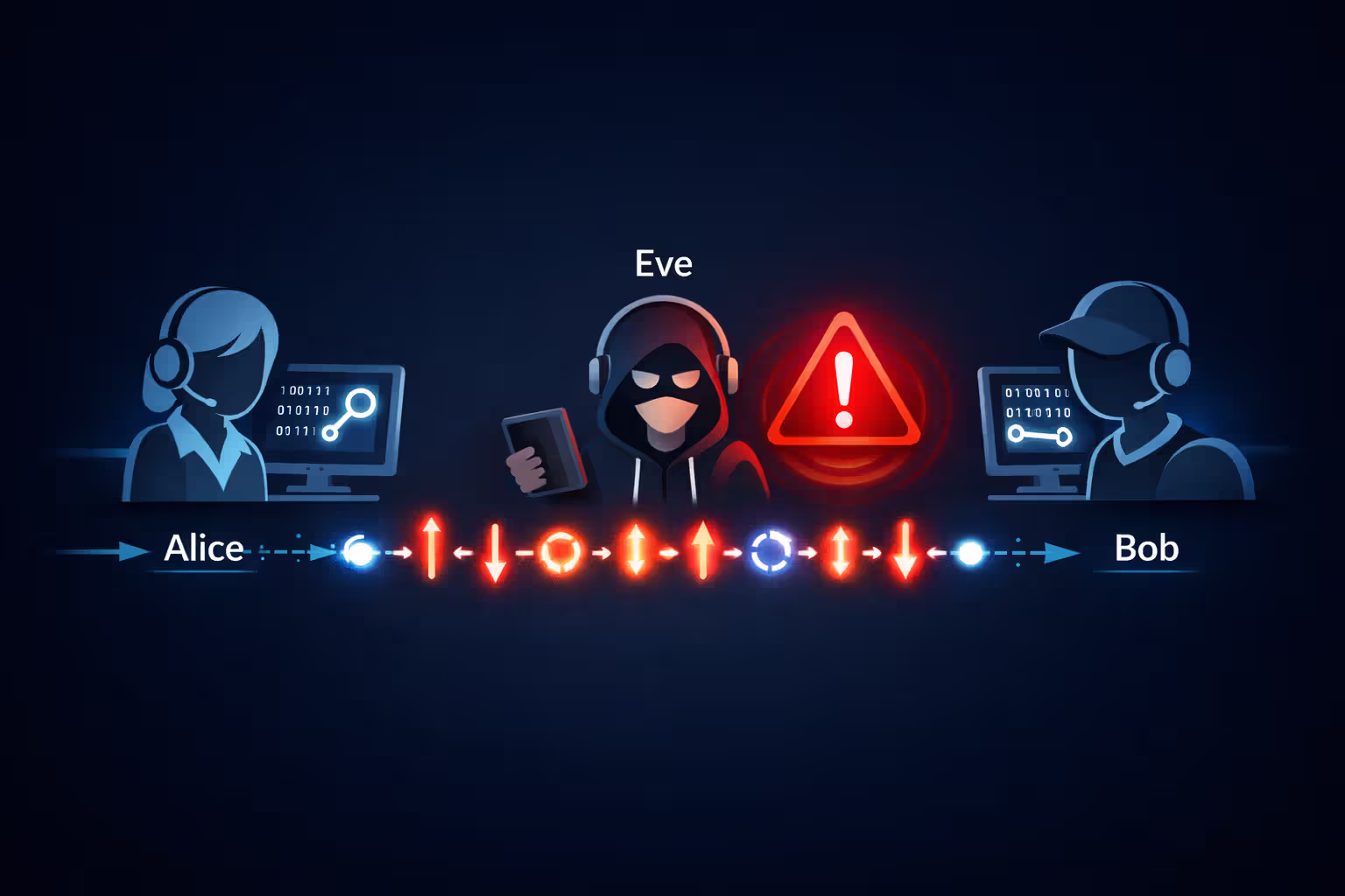 Diagram of quantum key distribution protocol showing Alice sending polarized photons to Bob while eavesdropper Eve is detected