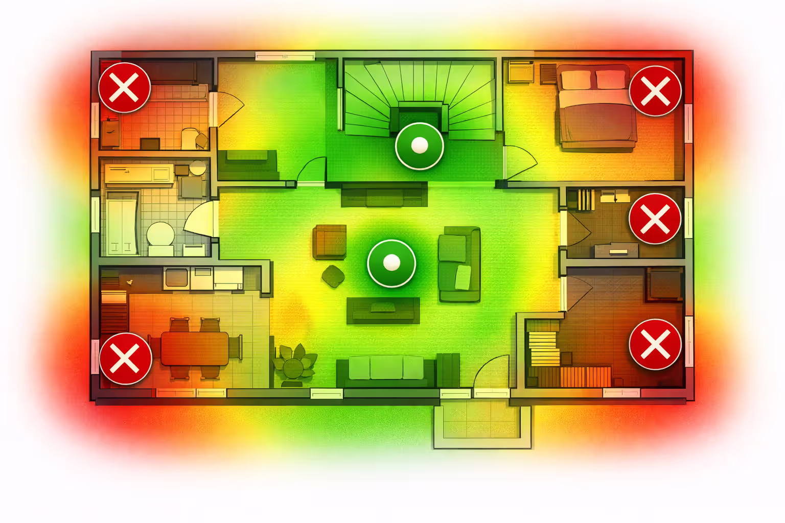 Top-down floor plan showing correct and incorrect mesh node placement with WiFi signal heat map in green and red zones