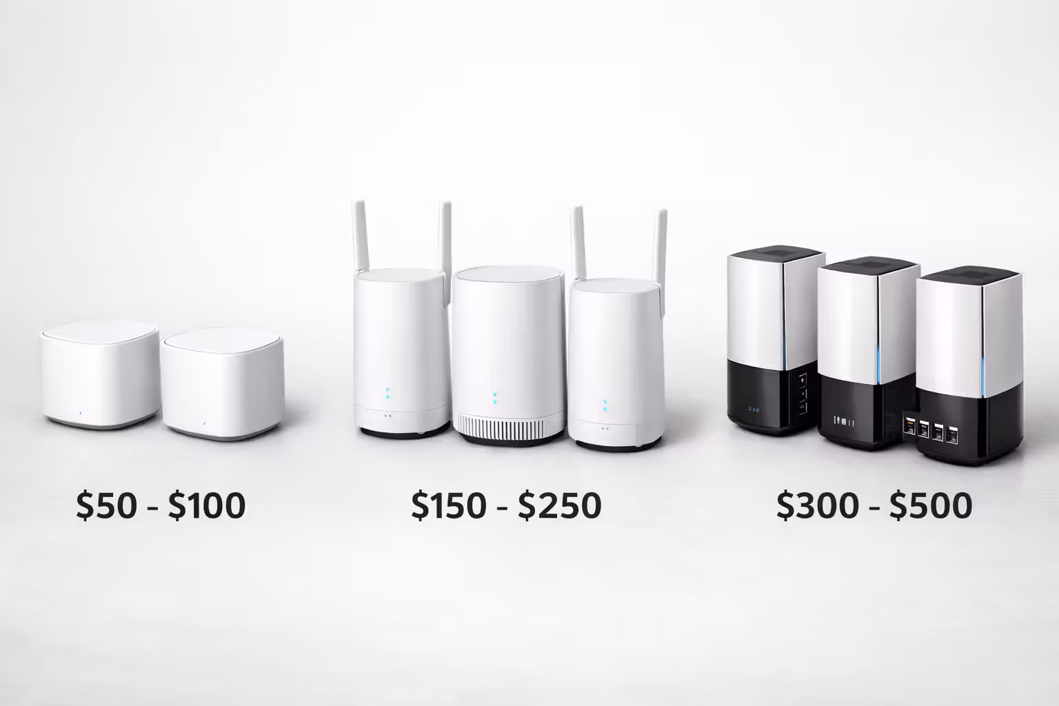 Three tiers of mesh WiFi systems displayed side by side from budget to premium with price ranges shown below each set