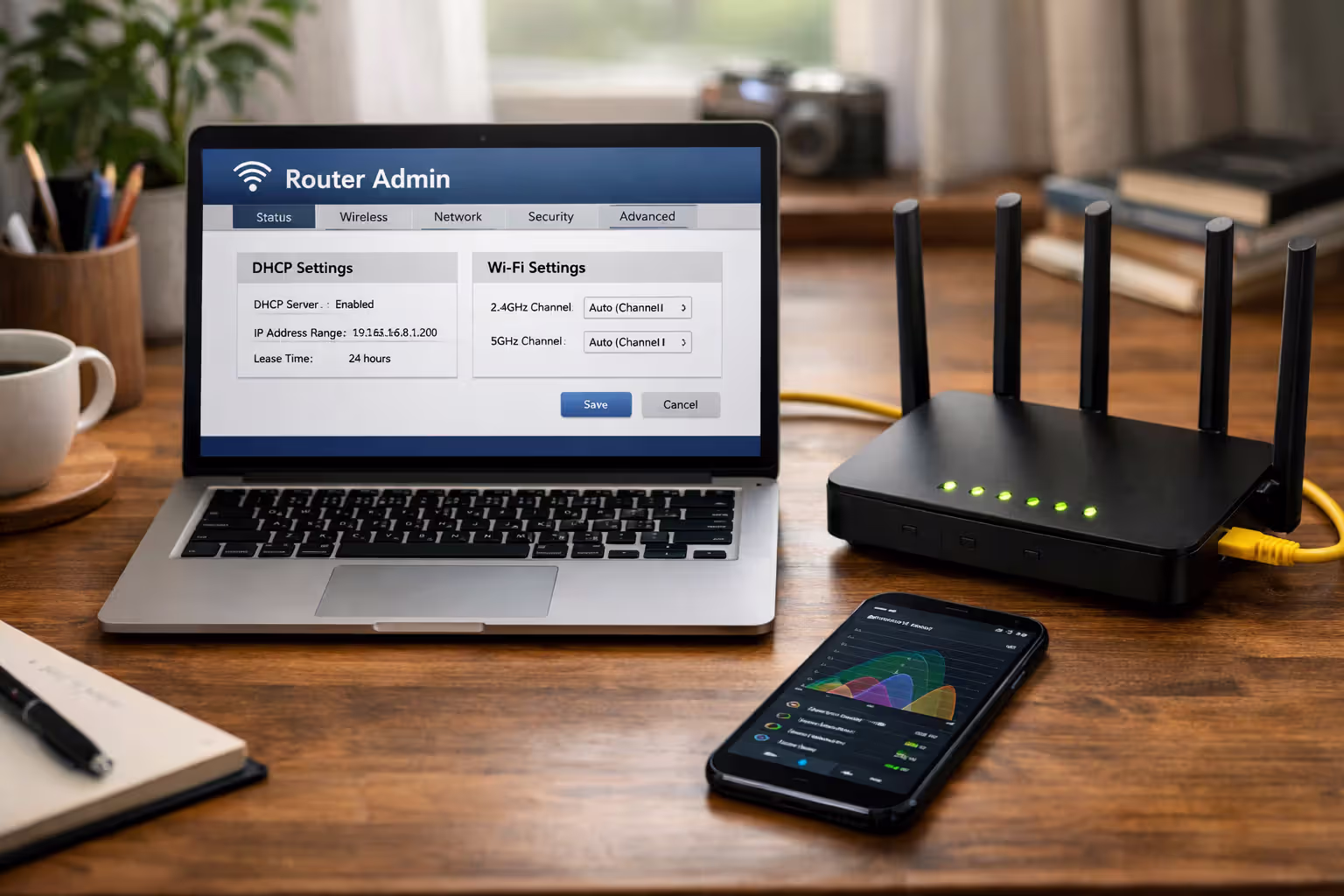 Home desk with laptop displaying router admin panel, WiFi router with LED indicators and Ethernet cable, and smartphone showing WiFi channel analyzer app
