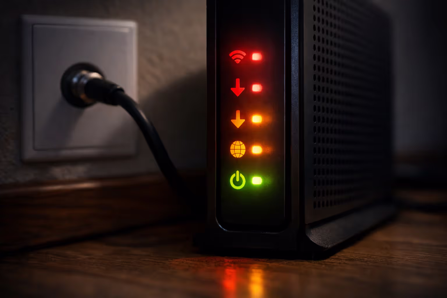 Close-up of cable modem front panel showing red and orange warning LED lights indicating connection failure