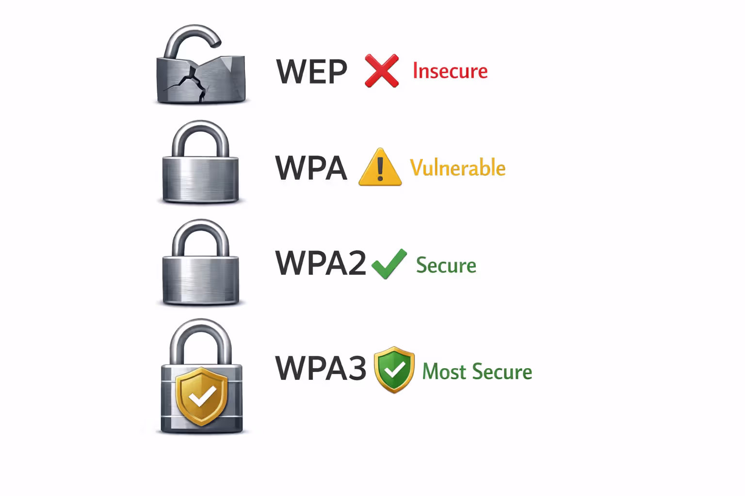 Infographic comparing WiFi encryption standards WEP WPA WPA2 and WPA3 shown as locks of increasing strength with security ratings