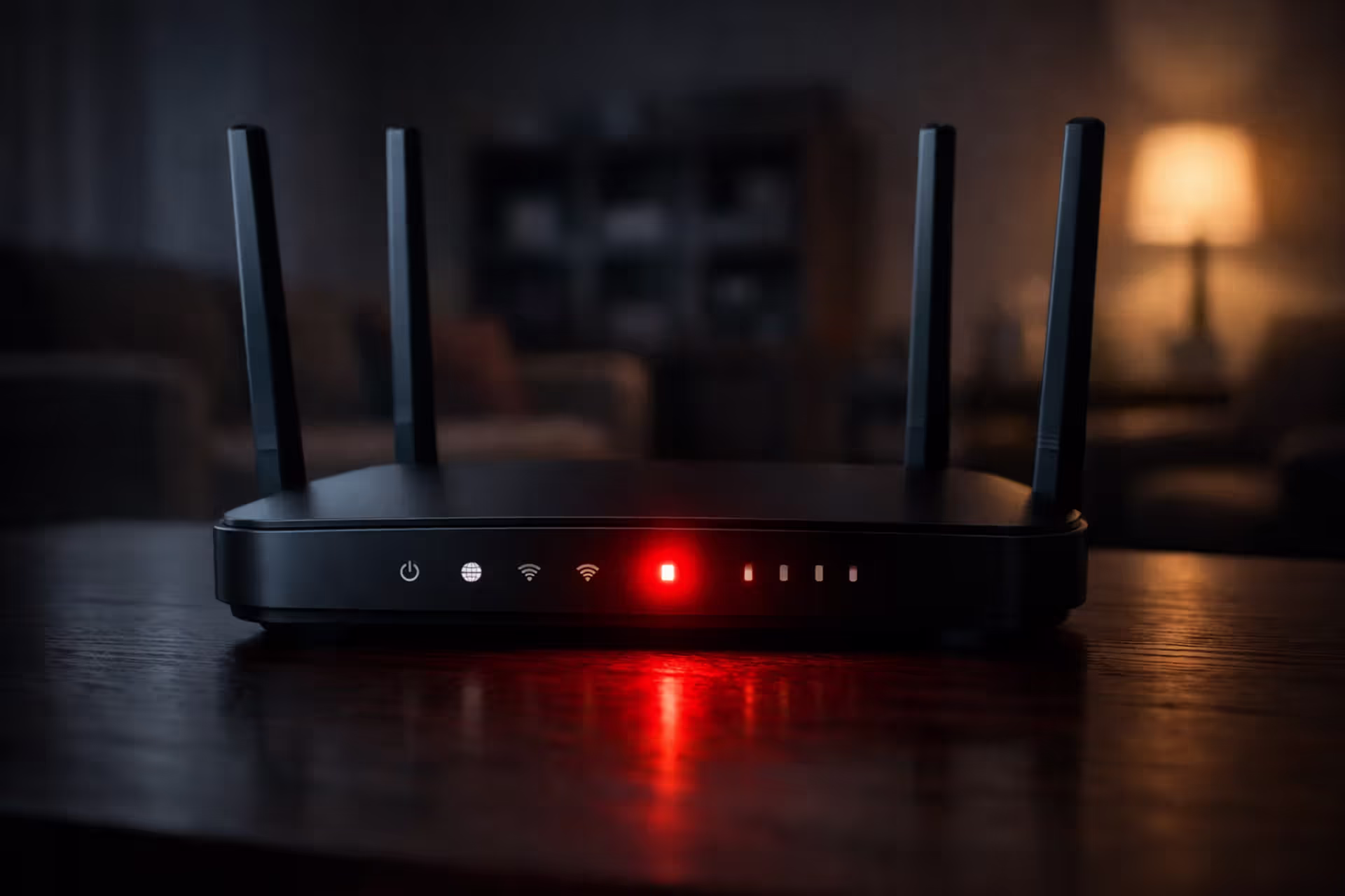 Red LED indicator glowing on a modern WiFi router in a dimly lit living room at night
