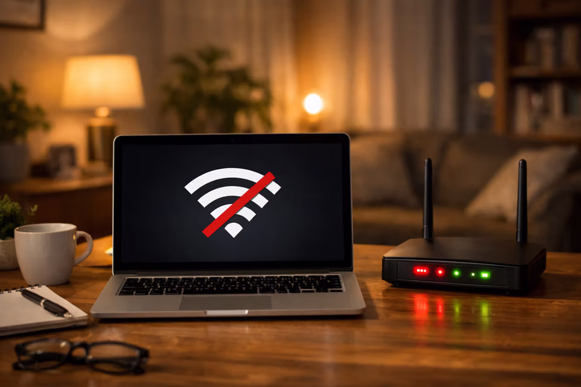 Laptop screen showing no internet connection icon next to a router with blinking red and green LED lights on a home desk