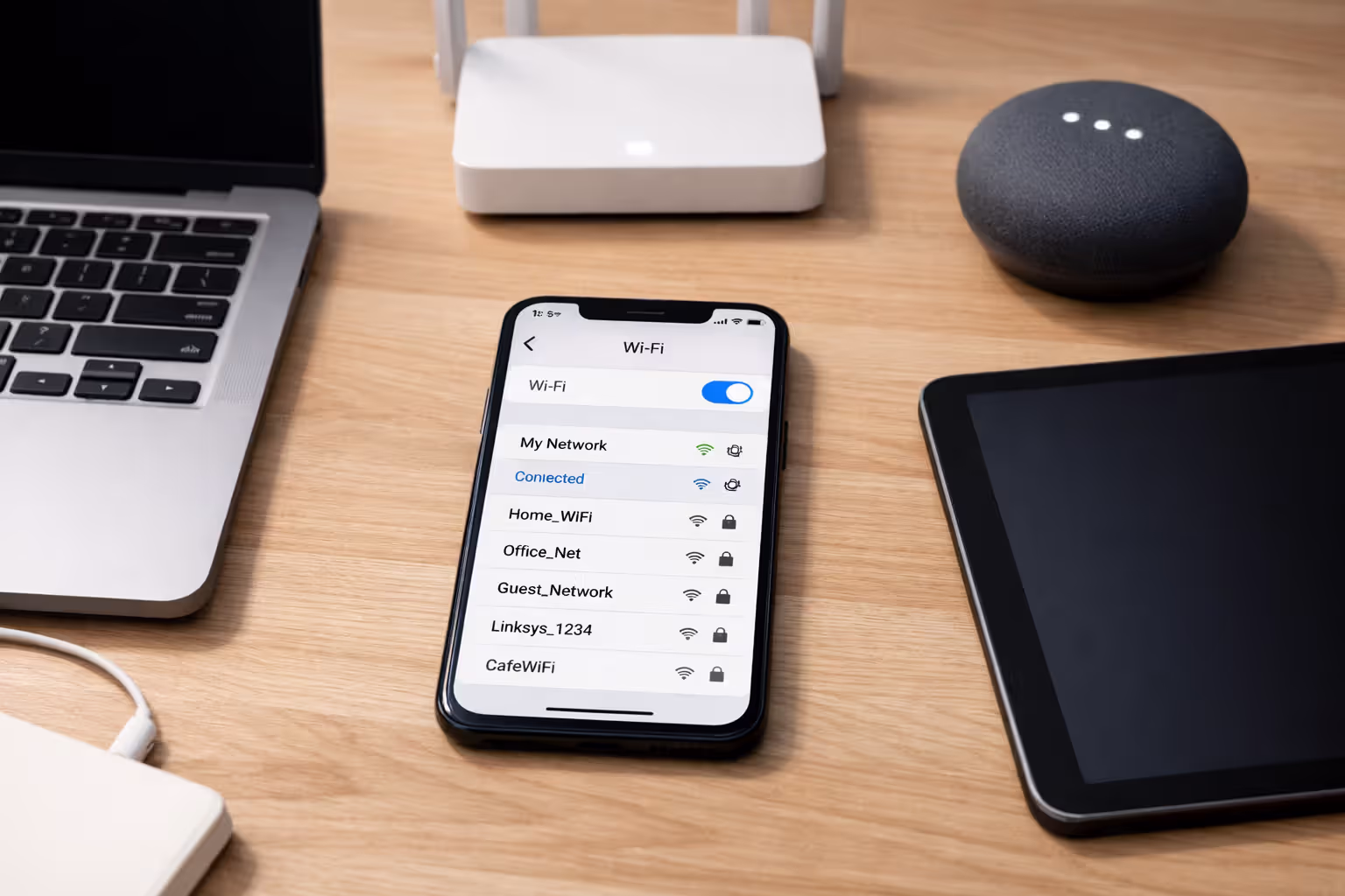 Top view of a smartphone showing WiFi network list next to a laptop, tablet, and smart speaker with a gateway glowing white in the background