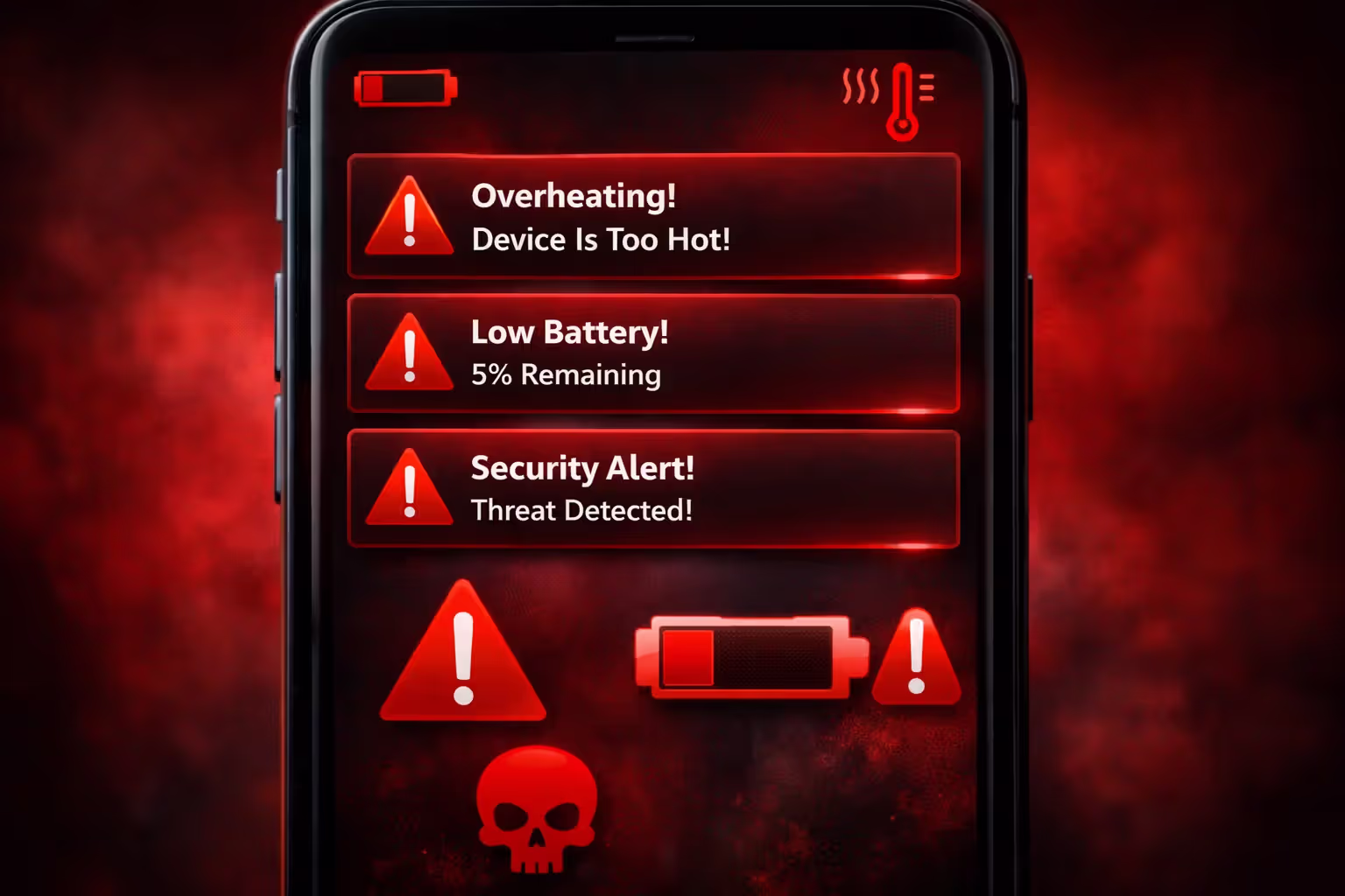 Smartphone screen displaying multiple warning indicators including battery drain alert, temperature warning, and suspicious pop-up notifications