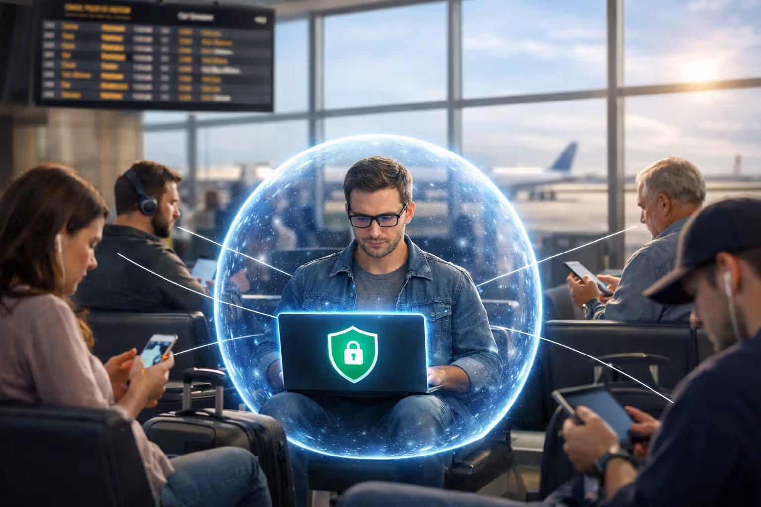 Airport lounge with several passengers using laptops and smartphones, one passenger protected by a glowing VPN shield bubble around their device while others have unprotected open data streams, with airport departure board and runway view in the background