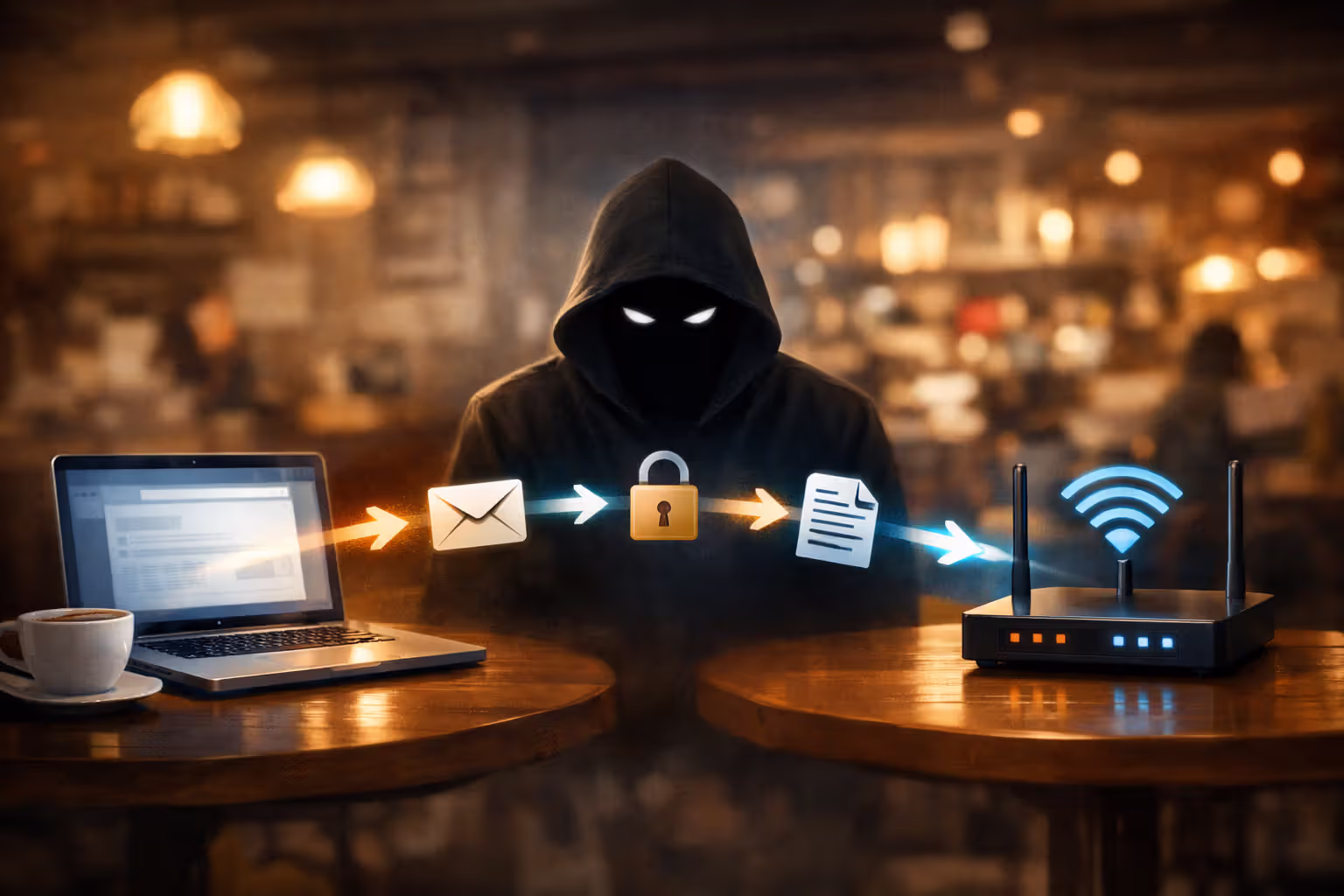 Diagram of man-in-the-middle attack showing hacker intercepting data between laptop and WiFi router in a coffee shop setting
