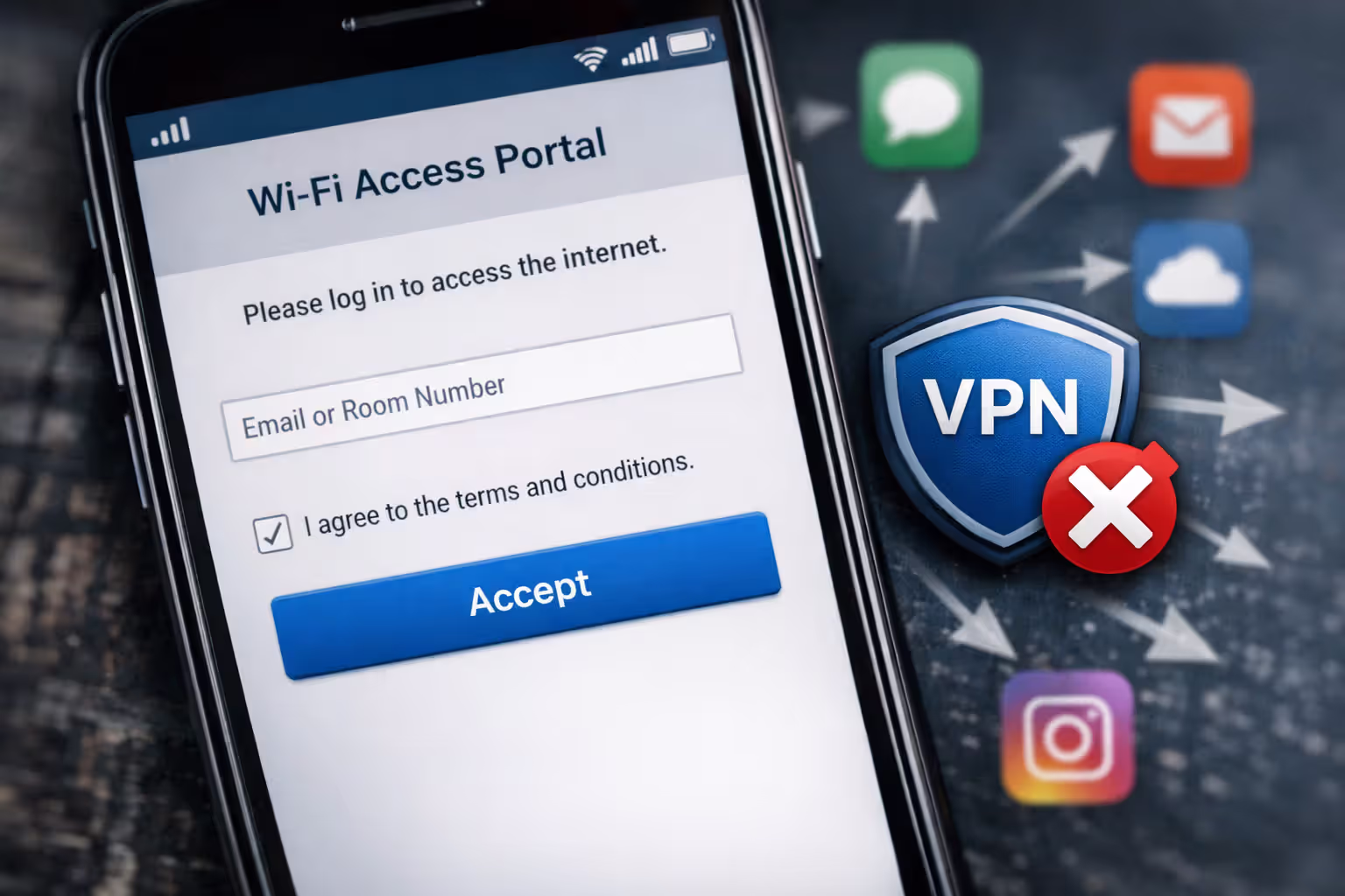 Smartphone screen showing captive portal login page with inactive VPN icon and background app data leak indicators