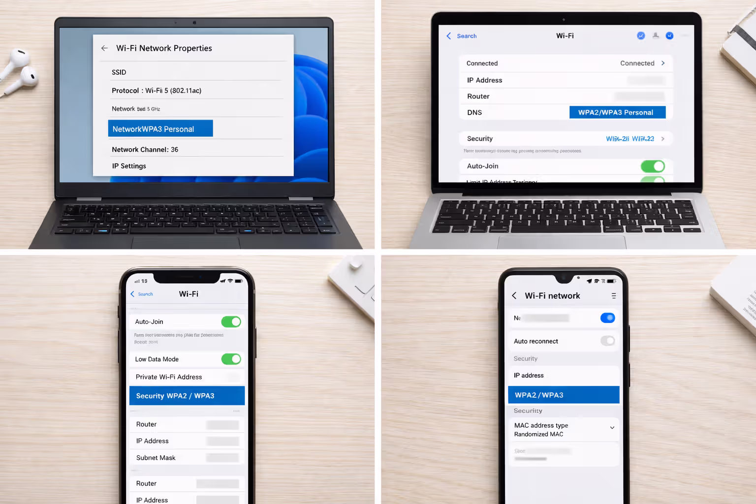 Four devices showing WiFi security protocol settings — Windows laptop, MacBook, iPhone, and Android smartphone on a light desk, top-down view