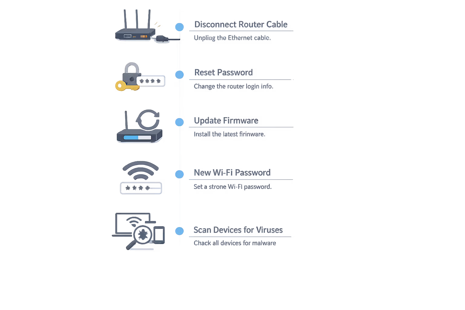 Step-by-step vertical timeline infographic showing five key stages of WiFi breach recovery: disconnect, reset password, update firmware, new WiFi password, malware scan