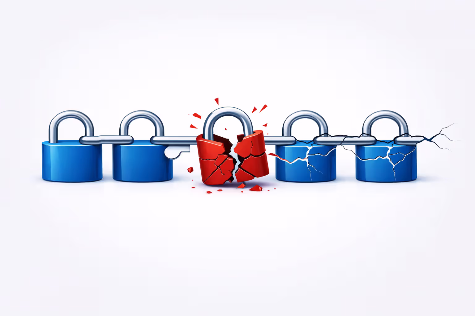 Chain of identical padlocks connected by a single key, one lock cracked and breaking apart, symbolizing password reuse vulnerability across multiple accounts