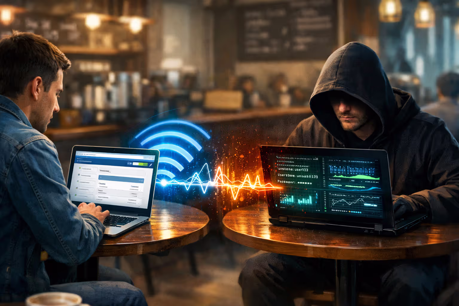 Person using laptop for online banking in a coffee shop while a hooded figure at the next table intercepts data through public WiFi network, digital illustration