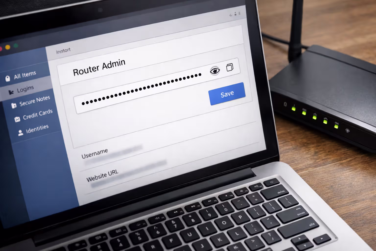 Laptop screen showing a password manager application with a saved router admin credential next to a home gateway router with glowing LED indicators
