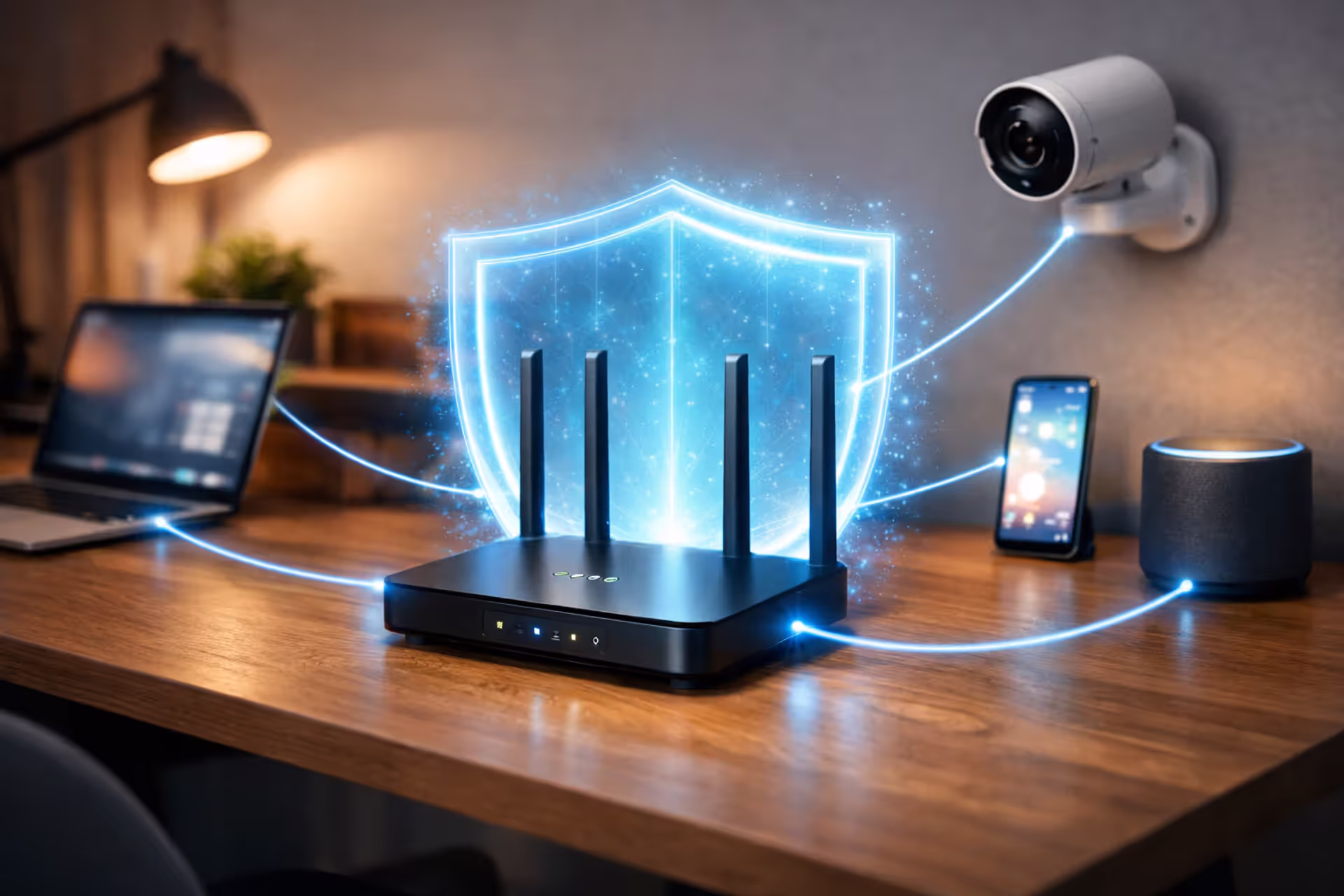 Home internet gateway router on a desk surrounded by a glowing blue security shield with connected devices like laptop, smartphone, security camera, and smart speaker in a modern home office