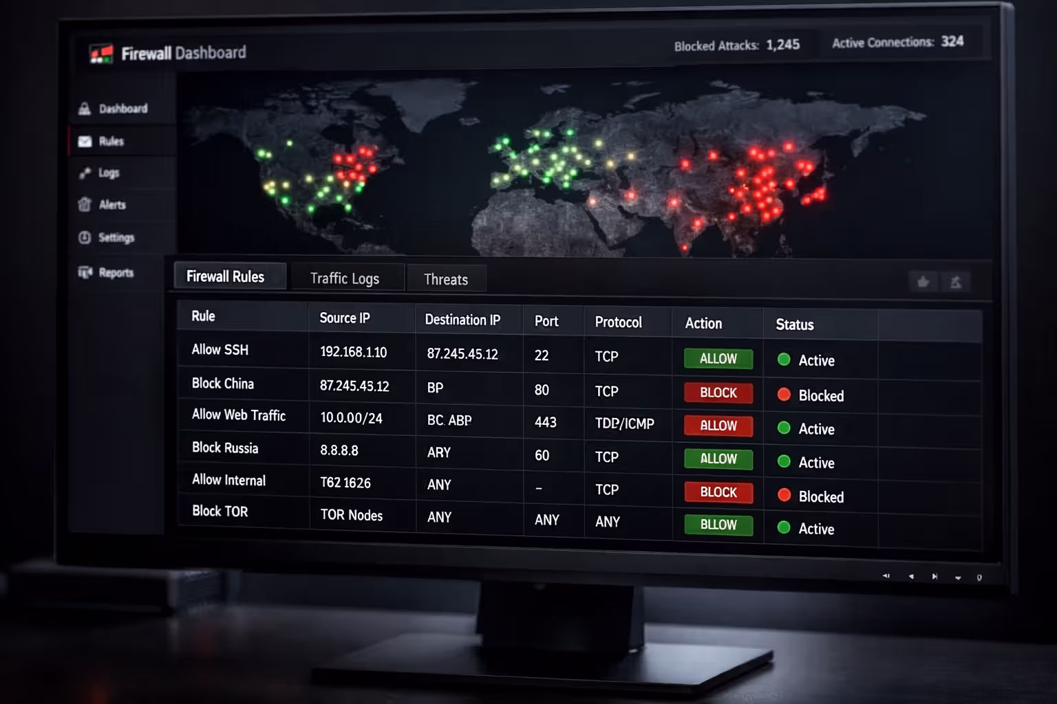 Firewall management dashboard on monitor displaying IP allowlist rules with world map showing blocked and permitted geographic regions
