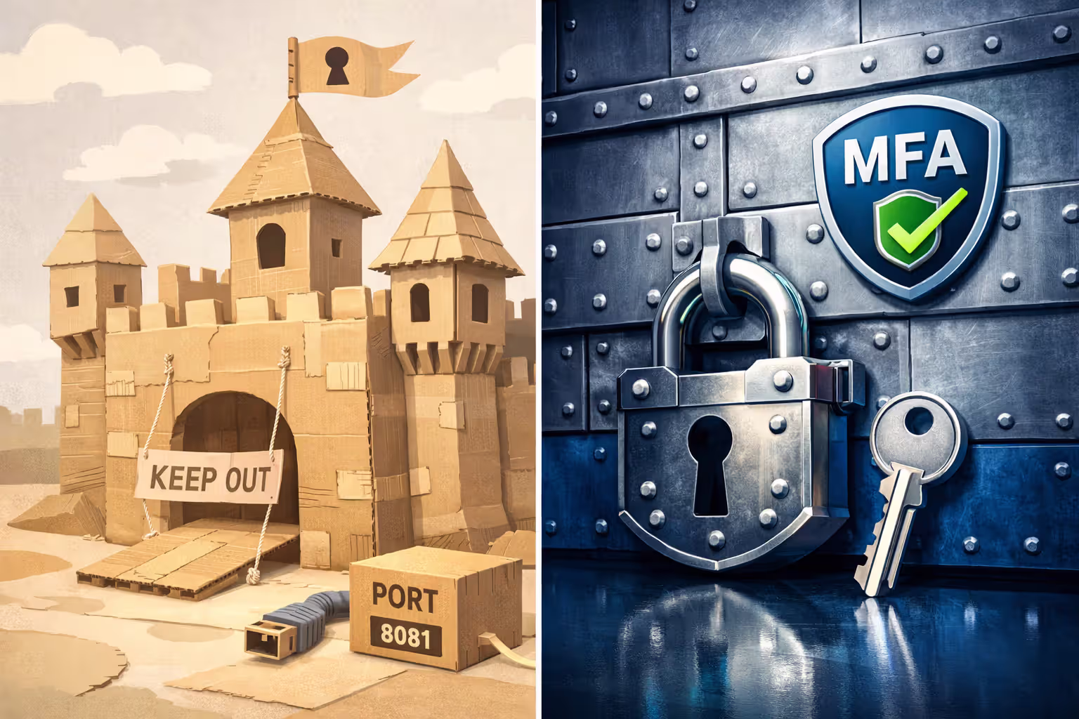 Split illustration comparing security theater with cardboard lock on left side versus real layered protection with steel barriers and MFA icon on right side