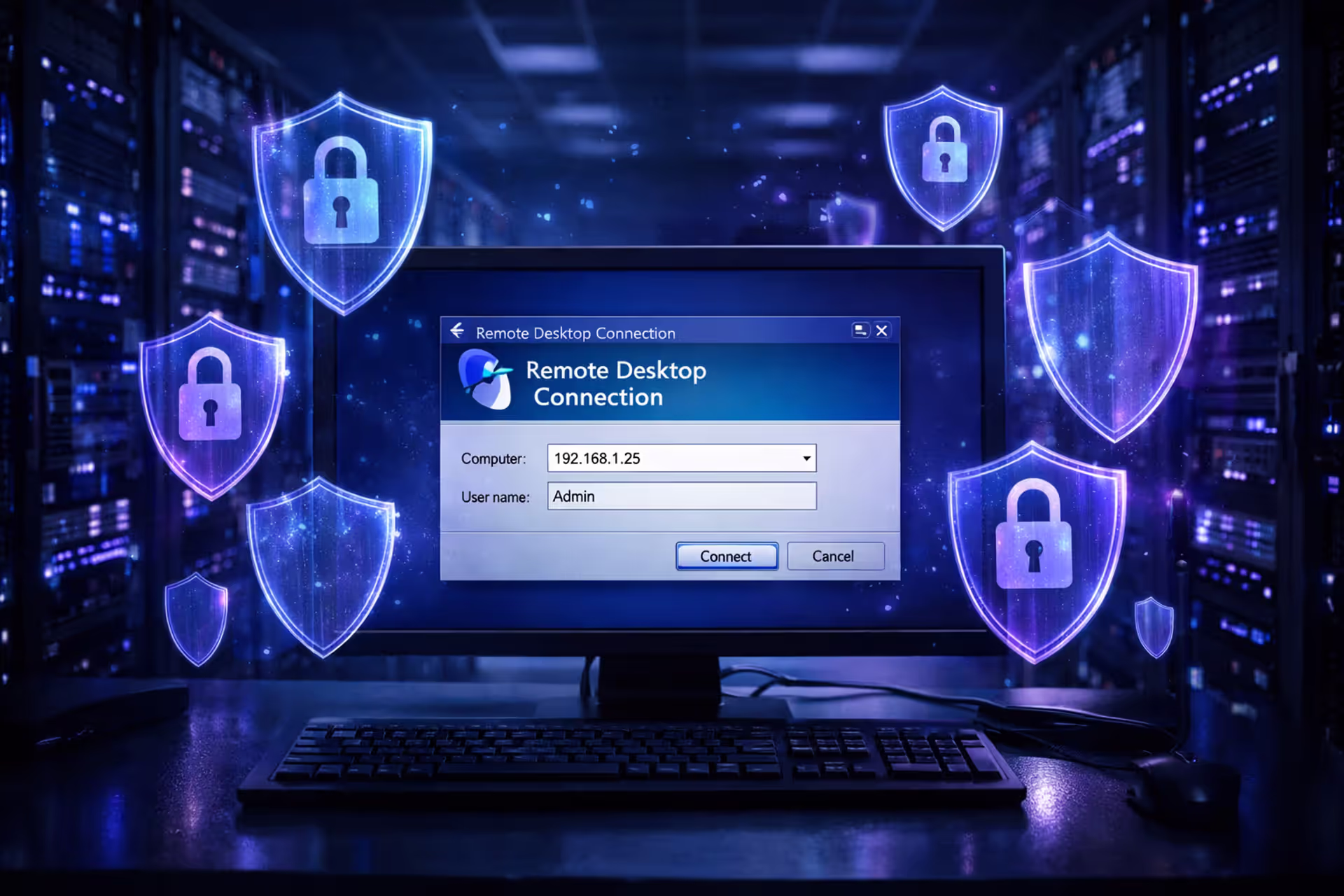 Dark server room with monitor showing Remote Desktop connection window surrounded by translucent digital shields and lock icons symbolizing layered cybersecurity protection