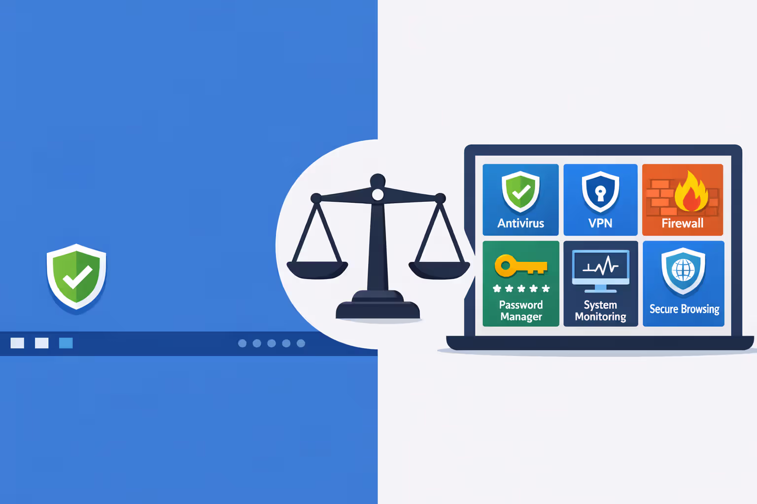 Split-screen comparison showing standalone antivirus with single shield icon on the left versus full security suite dashboard with multiple modules on the right balanced on a scale