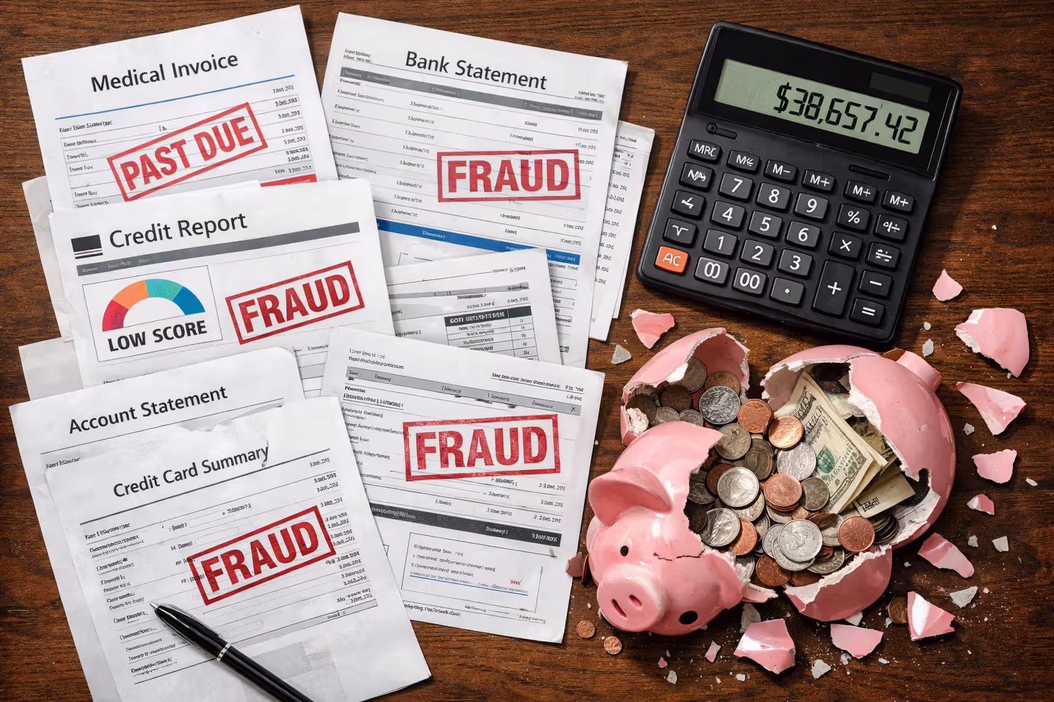 Overhead view of scattered financial documents marked as fraud, broken piggy bank, and calculator showing large sum, representing personal cost of data breaches