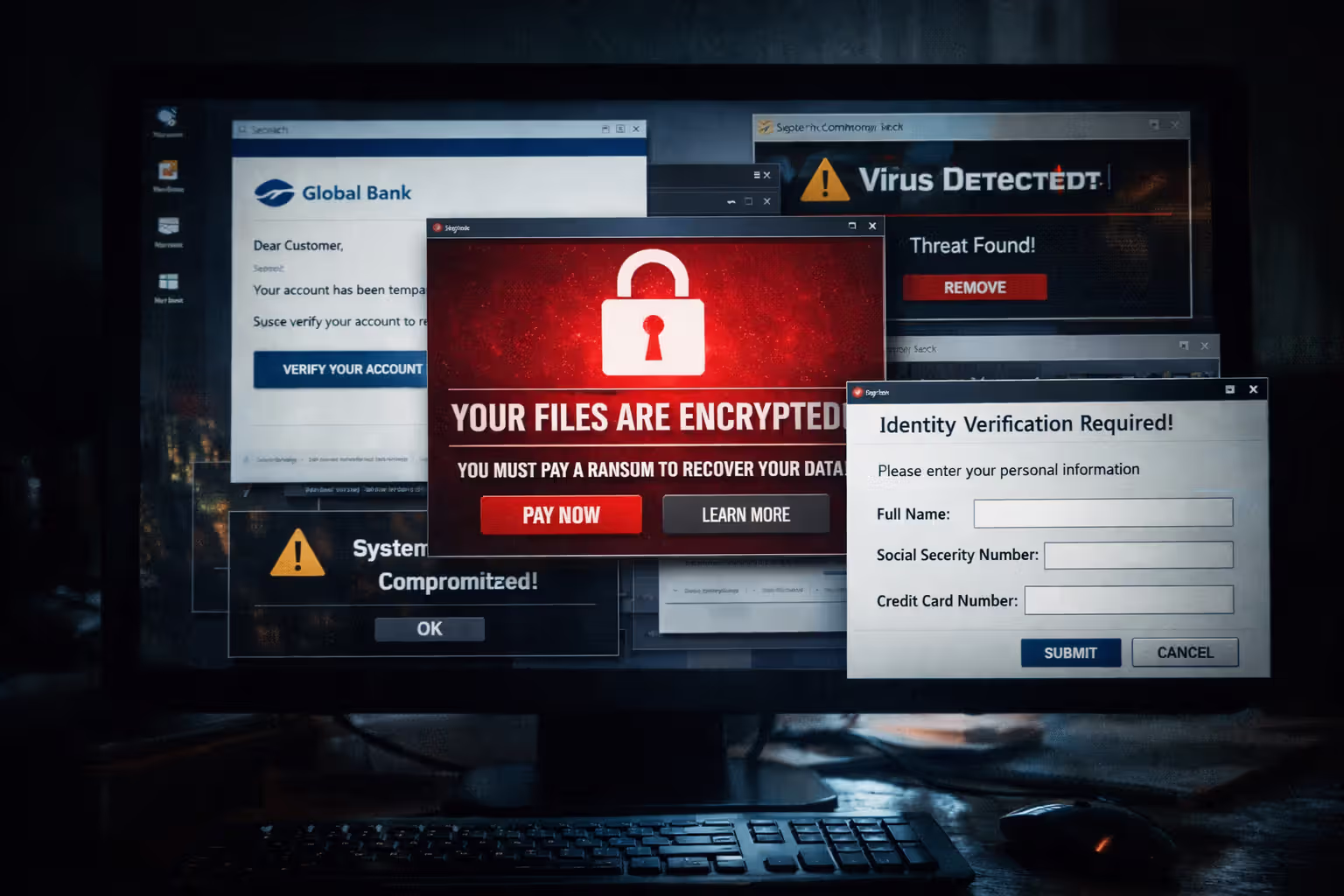 Computer screen displaying multiple cyberthreats including phishing email, ransomware warning, and personal data request popup in dark room