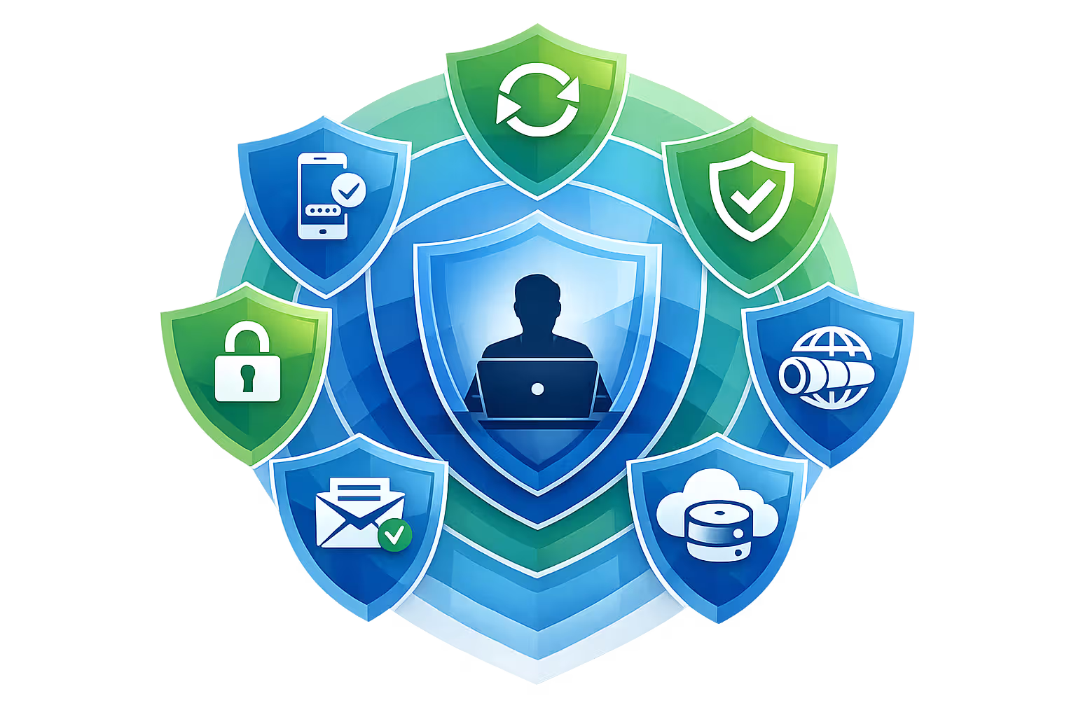 Infographic showing seven concentric cybersecurity defense layers with icons for passwords, two-factor authentication, software updates, antivirus, VPN, email filtering, and backups surrounding a computer user
