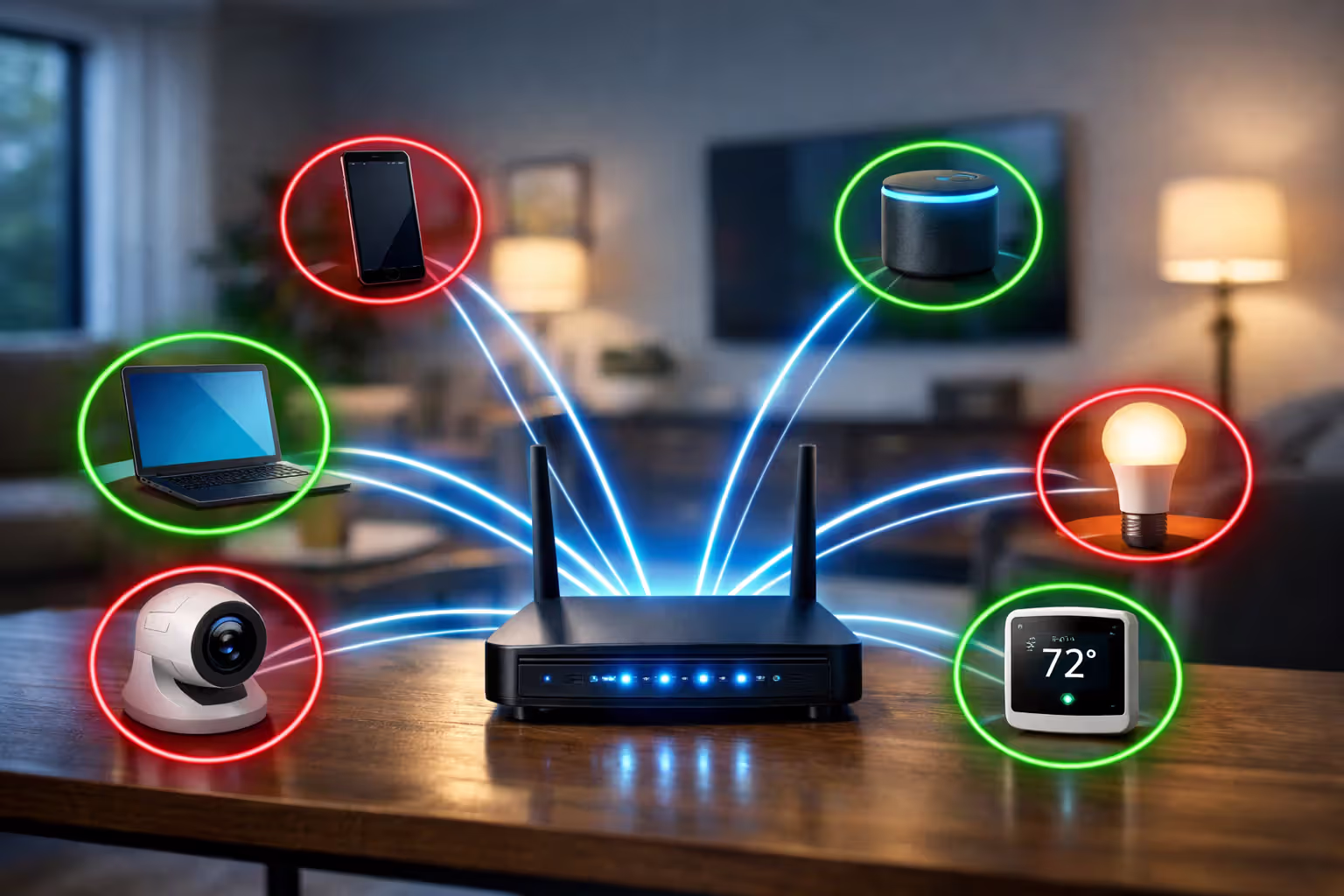 Home WiFi router connected to multiple smart devices including laptop, phone, security camera, thermostat and smart speaker, some highlighted green as secure and others red as vulnerable, in modern living room setting