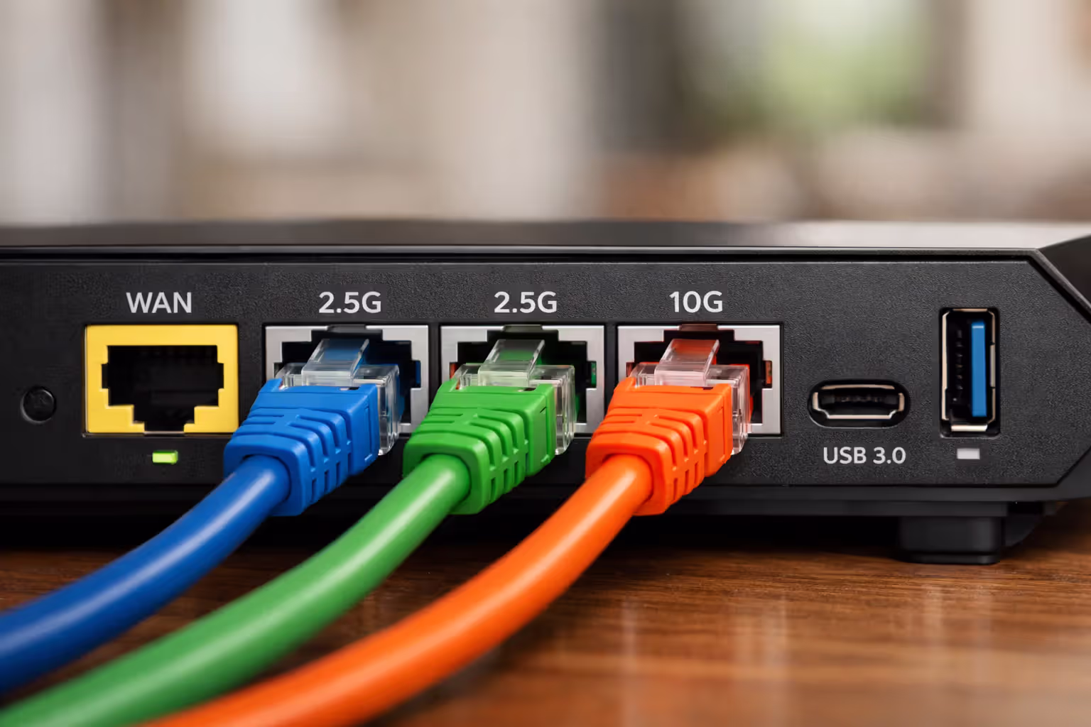Close-up rear view of a modern multi-gig router showing 2.5G and 10G Ethernet ports with colored Cat 6a cables plugged in