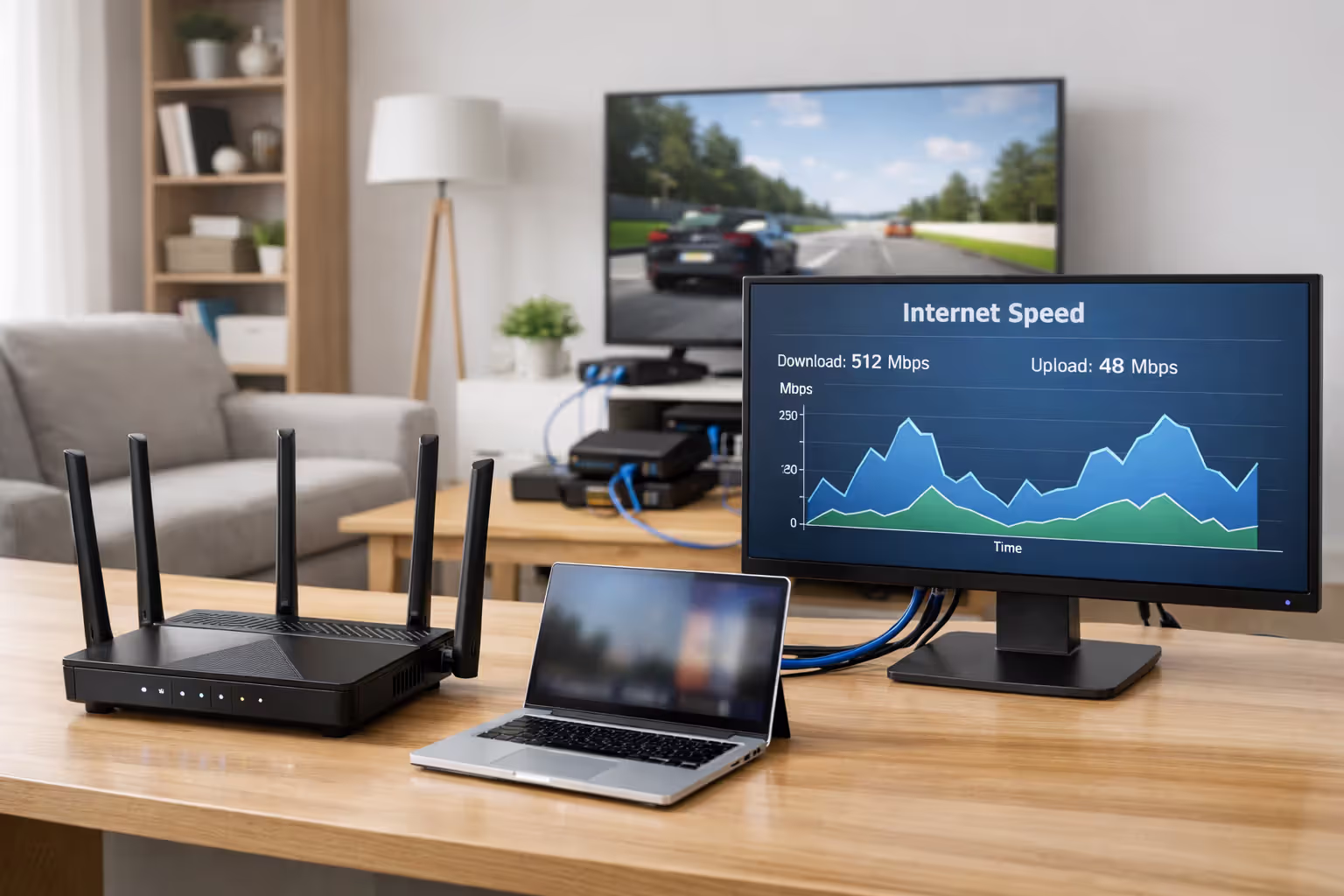 Infographic showing WiFi signal degradation over distance — router in center with devices at varying distances displaying decreasing speed values through walls