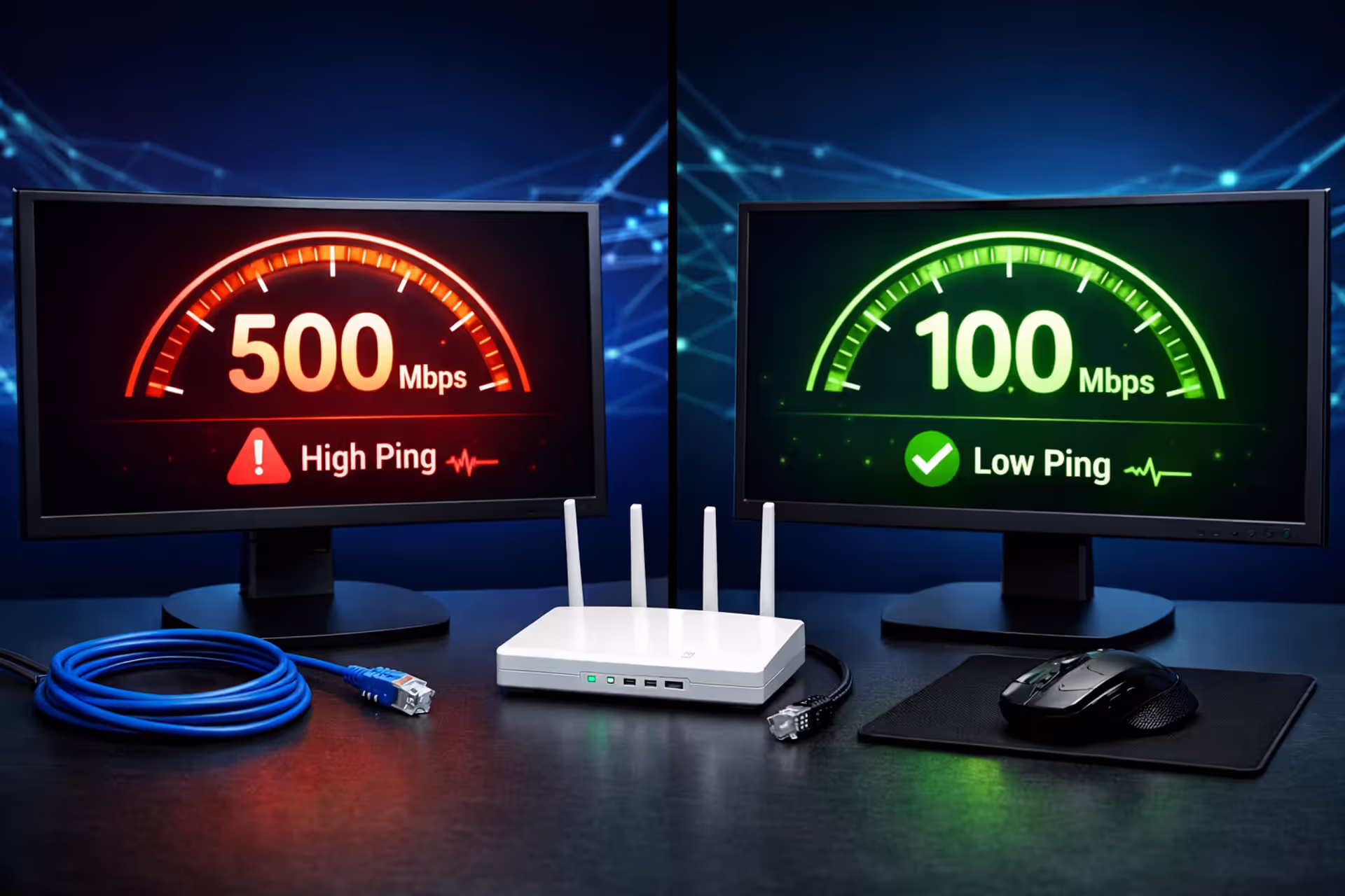 Split screen comparison: monitor showing 500 Mbps with high ping icon versus monitor showing 100 Mbps with low ping icon, router and ethernet cable on desk, dark blue network background