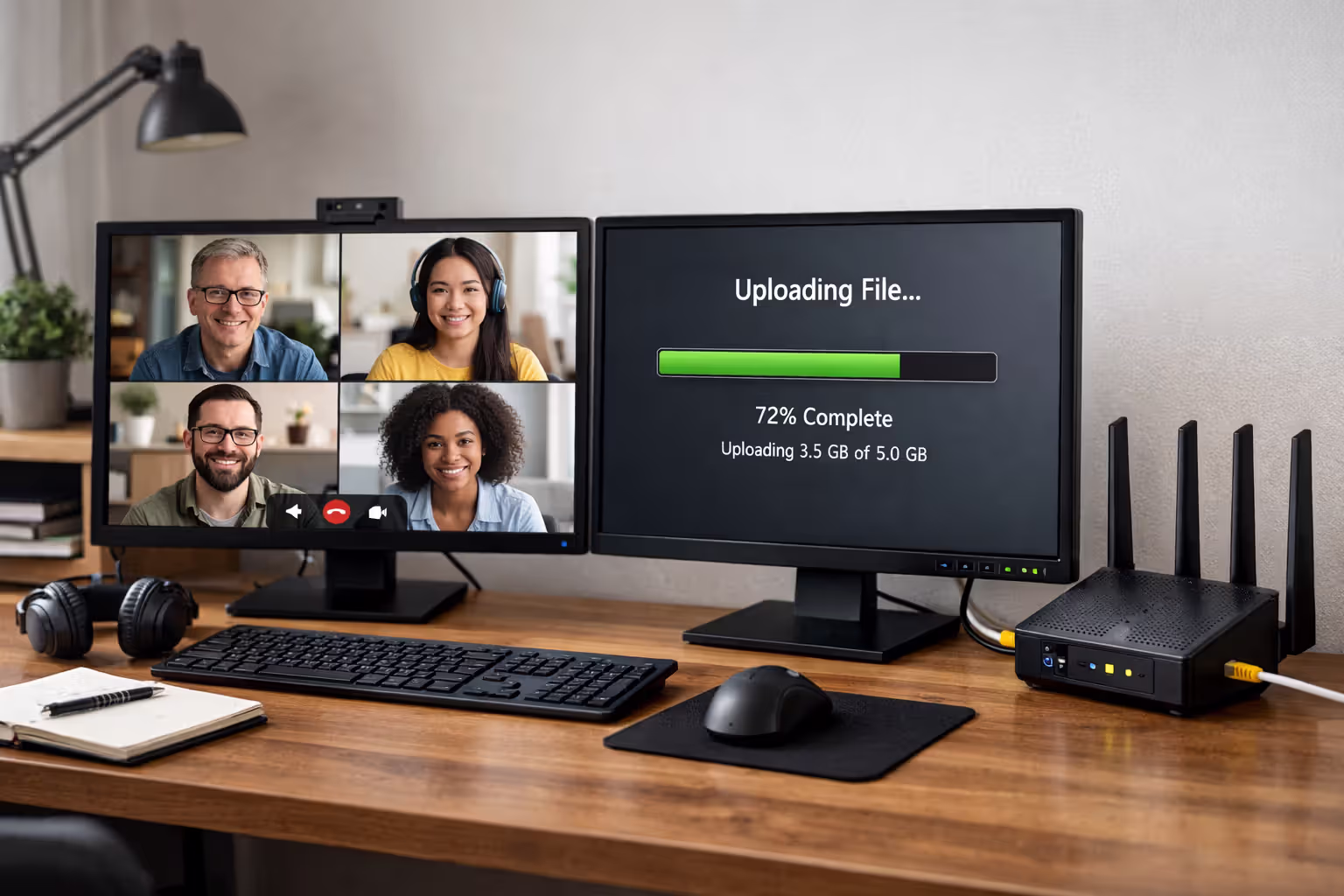 Home office setup with dual monitors showing video conference and large file upload progress bar with ethernet-connected router nearby