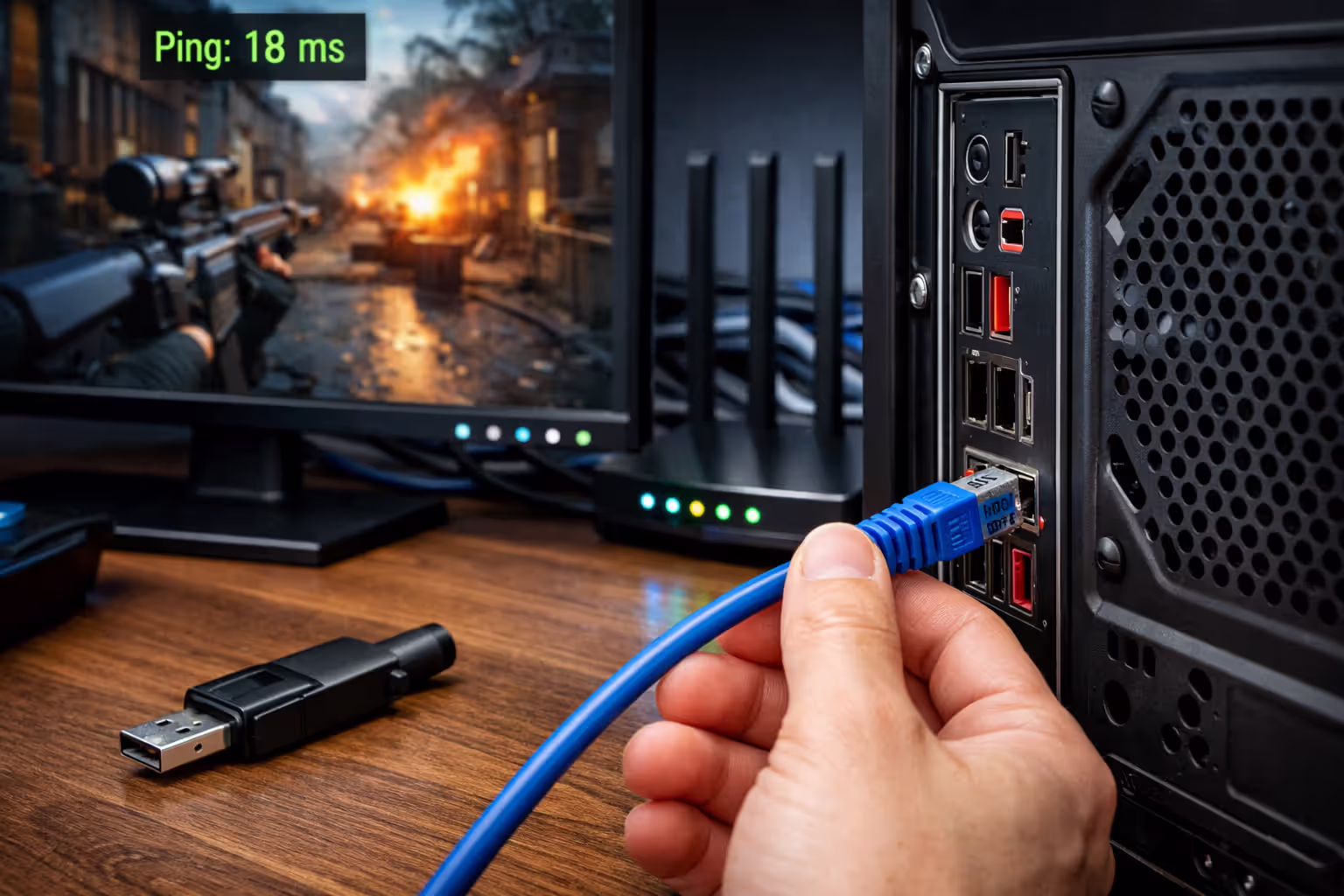 Gamer plugging blue Cat6 Ethernet cable into back of gaming PC with disconnected Wi-Fi adapter on desk, monitor showing FPS game with green 18ms ping indicator, and modern router with LED lights in background
