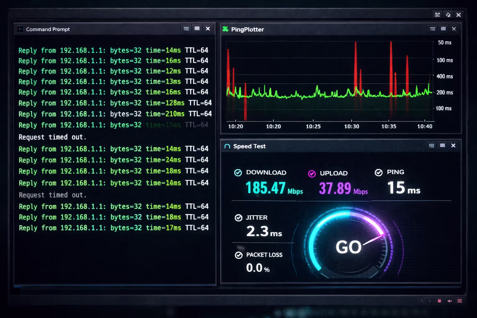 Monitor screen showing multiple network diagnostic tool windows: command prompt with ping test results, PingPlotter graph with latency spikes, and speed test dashboard displaying download upload and ping metrics on dark theme interface