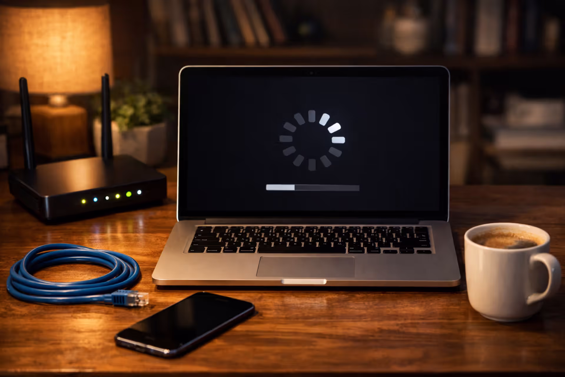 A laptop screen showing a buffering loading indicator on a home desk next to a WiFi router with blinking LED lights, ethernet cable, smartphone and coffee mug in warm evening lighting